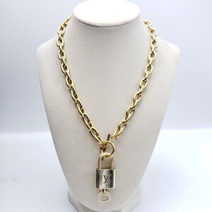 Stainless Steel Necklace with Authentic Louis Vuitton Gold Padlock Pendant 02046